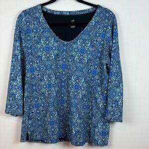 J.Jill Forward Seam Tee Cotton Blue Paisley V-Neck 3/4 Sleeve Womens‎ Small